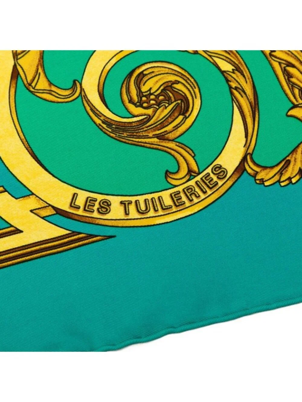 Hermes Carre 90 les Tuileries Roulis Park Scarf Green Gold Silk